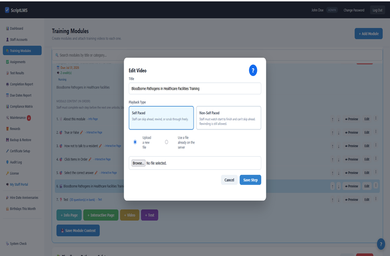 ScriptLMS Add or Edit Video screen with Self-Paced and Non-Self-Paced playback options